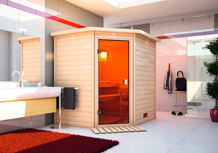Karibu Woodfeeling Sauna Mia - 38 mm Massivholz Aktionssauna inkl. 8-teiligem gratis Zubehörpaket (Gesamtwert 191,92€)