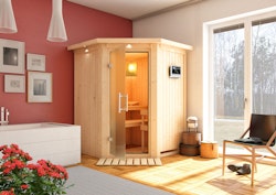 Karibu Sauna Larin mit Eckeinstieg 68 mm inkl. 9-teiligem gratis Zubehörpaket