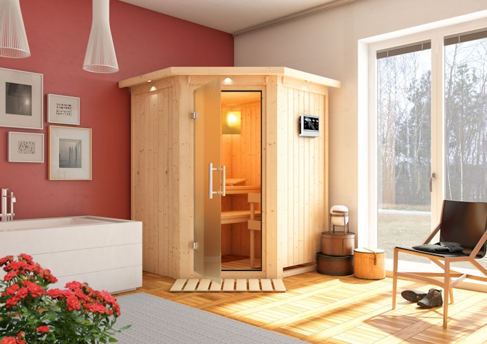 Karibu Sauna Larin mit Eckeinstieg 68 mm