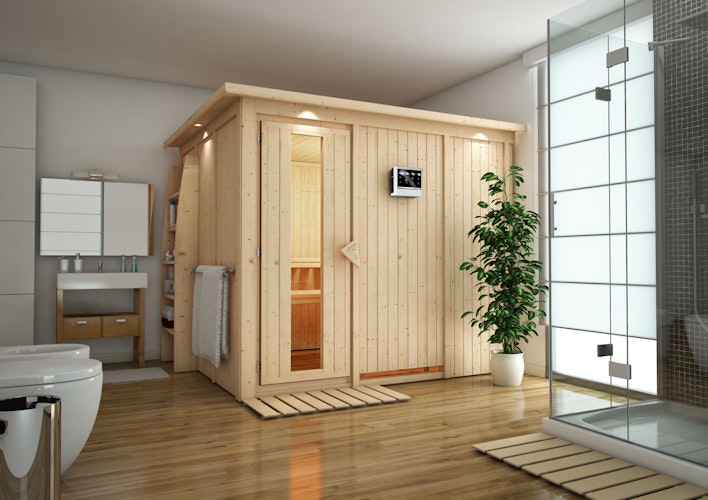 Karibu Sauna Gobin mit Fronteinstieg 68 mm inkl. 8-teiligem gratis Zubehörpaket (Gesamtwert 191,92€)