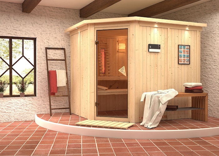 Karibu Sauna Malin mit Eckeinstieg 68 mm