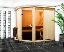 Karibu Sauna Fiona 1 mit Eckeinstieg 68 mm inkl. 9-teiligem gratis Zubehörpaket