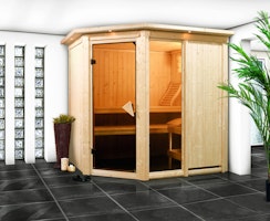 Karibu Sauna Fiona 1 mit Eckeinstieg 68 mm inkl. 8-teiligem gratis Zubehörpaket (Gesamtwert 191,92€)