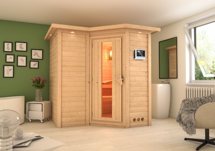 Karibu Sauna Sahib 1-Massivholzsauna 38 mm-Fronteinstieg -Exklusivoptik inkl. gratis Saunaofen & 8-teiligem Zubehörpaket (Gesamtwert 1071,91€) Bild