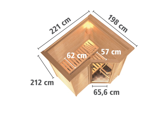 Karibu Sauna Sahib 1-Massivholzsauna 38 mm-Fronteinstieg -Exklusivoptik inkl. gratis Saunaofen & 8-teiligem Zubehörpaket (Gesamtwert 1071,91€) Bild