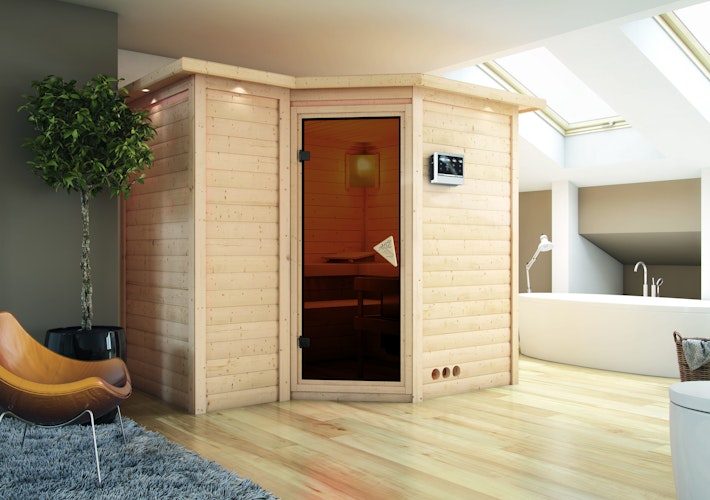 Karibu Sauna Sahib 2-Massivholzsauna 38 mm -Eckeinstieg - Exklusivoptik