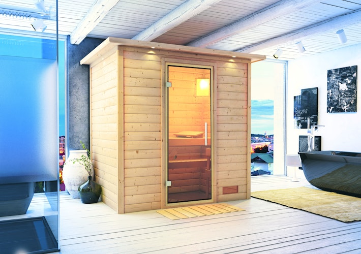 Karibu Woodfeeling Sauna Sonja - 38 mm Massivholz Aktionssauna inkl. 8-teiligem gratis Zubehörpaket (Gesamtwert 191,92€)