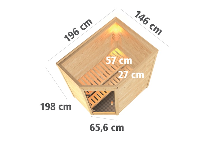 Karibu Woodfeeling Sauna Svea - 38 mm Massivholz Aktionssauna inkl. gratis Saunaofen & 8-teiligem Zubehörpaket (Gesamtwert 1071,91€) Bild