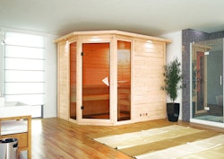 Karibu Sauna Sinai 3 - Massivholzsauna mit Eckeinstieg 38 mm inkl. 9-teiligem gratis Zubehörpaket