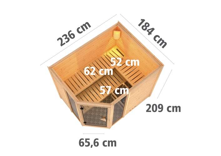 Karibu Sauna Sinai 3 - Massivholzsauna mit Eckeinstieg 38 mm inkl. gratis Saunaofen & 8-teiligem Zubehörpaket (Gesamtwert 1071,91€) Bild