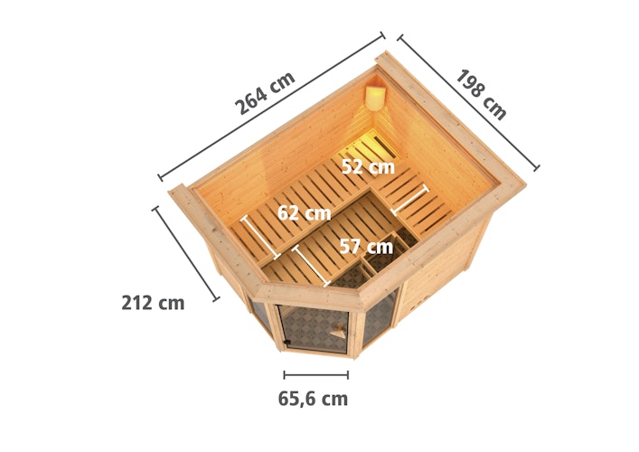 Karibu Sauna Sinai 3 - Massivholzsauna mit Eckeinstieg 38 mm inkl. gratis Saunaofen & 8-teiligem Zubehörpaket (Gesamtwert 1071,91€) Bild