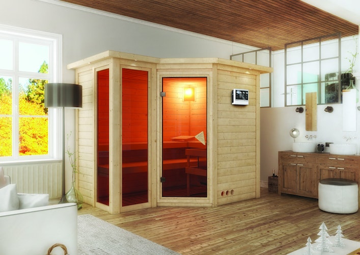 Karibu Sauna Amara-Massivholzsauna 38 mm -Eckeinstieg - Exklusivoptik