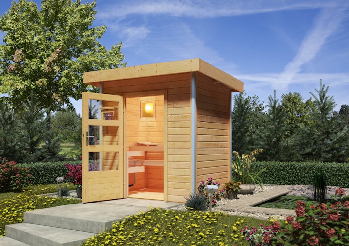 Karibu Gartensauna Pultdach Saunahaus Jorgen naturbelassen inkl. 8-teiligem gratis Zubehörpaket (Gesamtwert 191,92€)