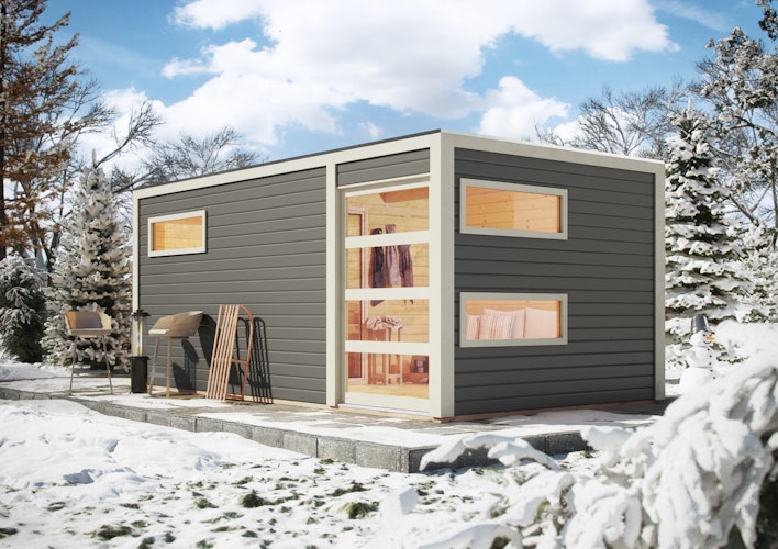 Karibu Gartensauna Saunahaus Hygge inkl. Vorraum, terragrau inkl. 8-teiligem gratis Zubehörpaket (Gesamtwert 191,92€)