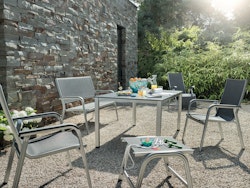 Kettler Gartenmöbel-Set BASIC PLUS, Tisch + 3 Stühle + Bank + Hocker, Aluminium / HPL / Outdoorgewebe