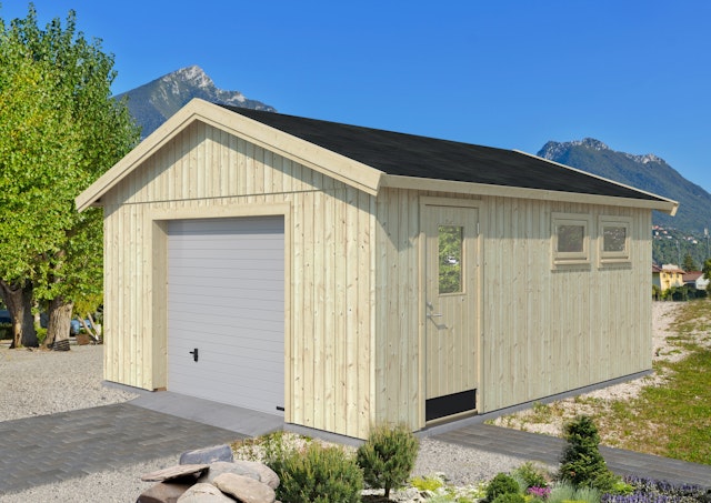 Palmako Nordic+ Gartenhaus/Garage Andre mit Sektionaltor - 21,5 m² - 160 mm  | Mein-Gartenshop24