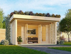 Karibu Gartenhaus Chalet mit Terrasse - 38 mm inkl. Dachbegrünungsmaterial naturbelassen