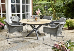 Diamond Garden Dining-Set LYON / KORFU, Tisch + 6 Stühle + Flaschenkühler, Edelstahl Dunkelgrau/ Teak / Rope / Sunproof (100 % Polypropylen)