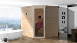 Weka Premium Massivholzsauna Turku 1 Sparset 1 inkl. 7,5 kW Ofen und Leuchtenset - 45 mm - "Alles dabei"