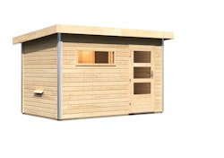 Karibu Gartensauna Pultdach Saunahaus Skrollan 1 mit Vorraum-Ohne Ofen-Moderne Saunatür (Klarglas)