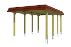 Skan Holz Walmdach Carport Breite-345x589cm-rote Blende -imprägniert (farblich unbehandelt) Holzcarport