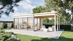Wolff Finnhaus Gartenhaus Studio 44-D mit Seitendach sowie Alu-Eckverkleidung/Schiebetür  naturbelassen Aluminium Eckverkleidung und Schiebetür-Rahmen in anthrazit