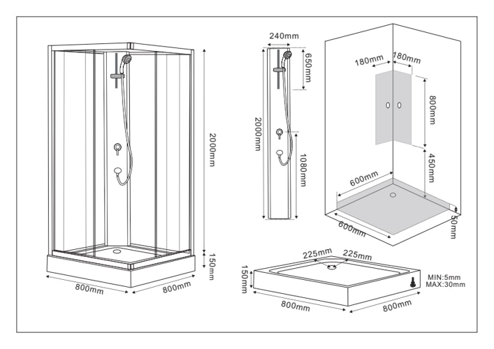 Komplettduschkabine GRAZ 1 Eckdusche, eckig, 800x800x2150 mm