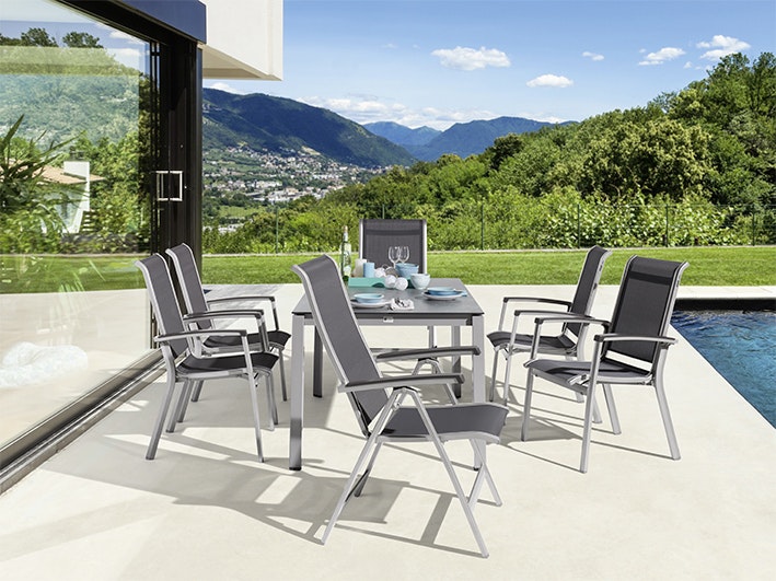 Sieger Dining-Set Calvi, Tisch + 6 Stühle, Aluminium / Polytec (HPL) / Kunststoffgewebe