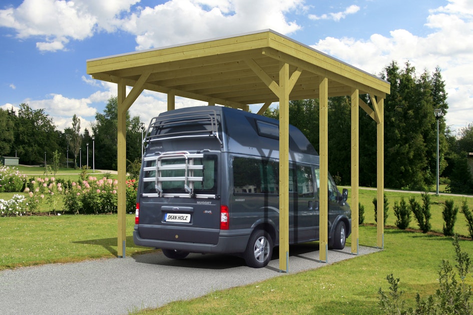 Caravan-Carport 397x555 mit Einfahrt | Friesland cm Mein-Gartenshop24 Skan erhöhter Holz