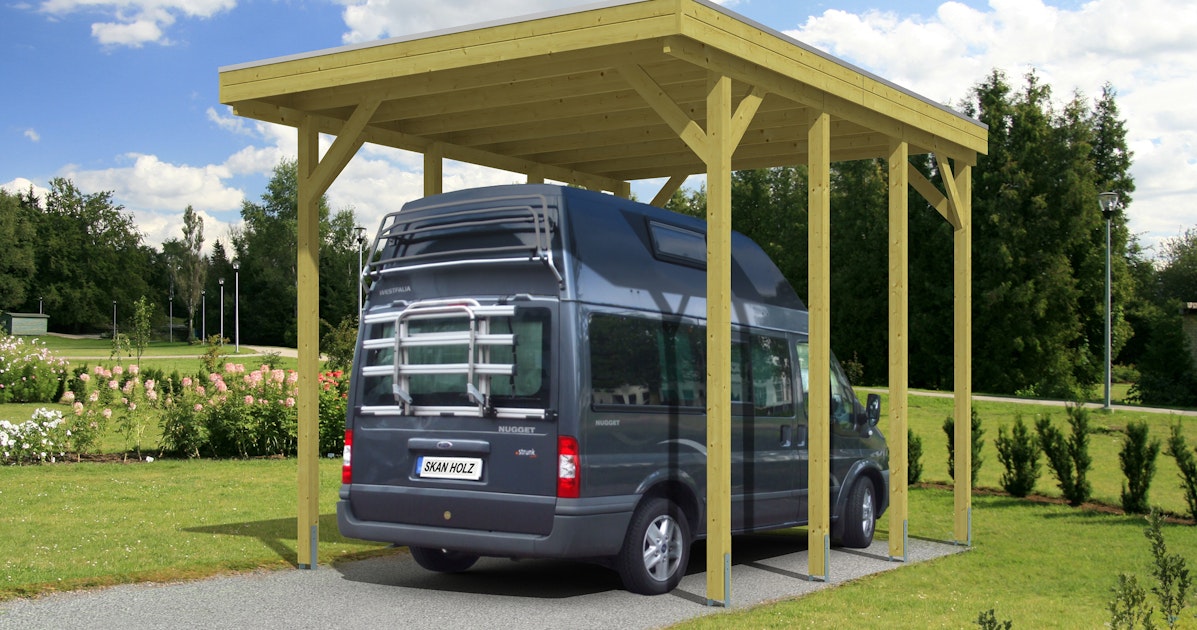 Einfahrt 397x555 erhöhter Mein-Gartenshop24 Holz mit | Skan cm Friesland Caravan-Carport