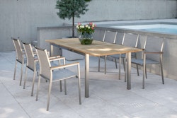STERN Gartenmöbel-Set POLARIS 3, Ausziehtisch 162/220 x 90 + 6 Stapelsessel, Edelstahl / Teak
