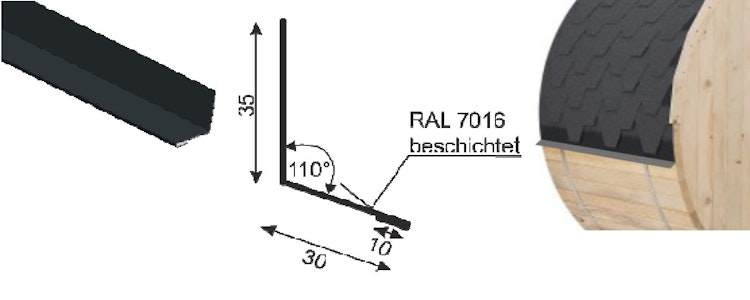 Tropfkante für  Saunafässer als Abschluss der Schindeleindeckung Bild