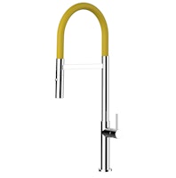 Minimalistischer Wasserhahn Küchenarmatur, TECNO, mit 360° schwenkbarem Auslauf, abnehmbare 2 strahl Handbrause, Verchromt / Gelb