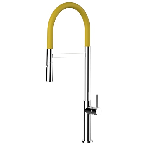 Minimalistischer Wasserhahn Küchenarmatur, TECNO, mit 360° schwenkbarem Auslauf, abnehmbare 2 strahl Handbrause, Verchromt / Gelb