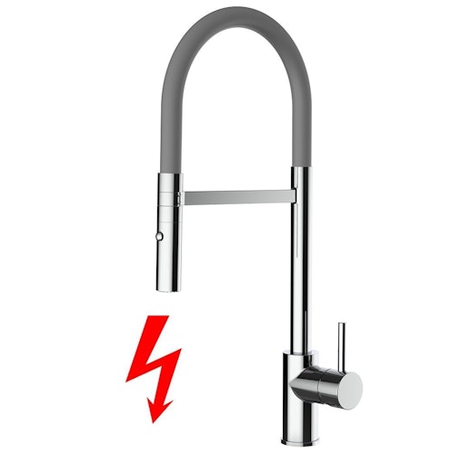 NIEDERDRUCK Wasserhahn Küchenarmatur, SAM, mit 360° schwenkbarem Auslauf, abnehmbare 2 strahl Handbrause, Verchromt / Grau