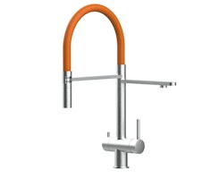 3 Wege Wasserhahn Küchenarmatur, Edelstahl Massiv mit 360° schwenkbarem Auslauf, abnehmbare 2 strahl Handbrause, Gebürstet / Orange