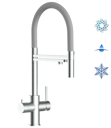 5 Wege Wasserhahn Küchenarmatur, Edelstahl Massiv mit 360° schwenkbarem Auslauf, abnehmbare 2 strahl Handbrause, Gebürstet / Grau