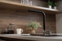 Wasserhahn Vorfenster Küchenarmatur, Umklappbar 4,5 CM, mit 360° schwenkbarem L-Auslauf, Verchromt / Schwarz Granit