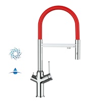 4 Wege Wasserhahn Küchenarmatur, BOD, mit 360° schwenkbarem Auslauf, abnehmbare 2 strahl Handbrause, Verchromt / Rot