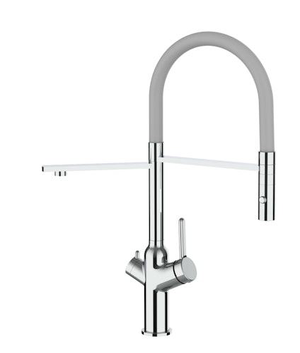 4 Wege Wasserhahn Küchenarmatur, BOD, mit 360° schwenkbarem Auslauf, abnehmbare 2 strahl Handbrause, Verchromt / Grau