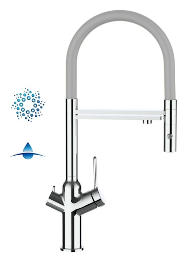 4 Wege Wasserhahn Küchenarmatur, BOD, mit 360° schwenkbarem Auslauf, abnehmbare 2 strahl Handbrause, Verchromt / Grau