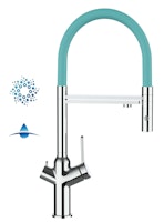 4 Wege Wasserhahn Küchenarmatur, BOD, mit 360° schwenkbarem Auslauf, abnehmbare 2 strahl Handbrause, Verchromt / Türkis
