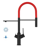 4 Wege Wasserhahn Küchenarmatur, BOD, mit 360° schwenkbarem Auslauf, abnehmbare 2 strahl Handbrause, Schwarz Matt / Rot