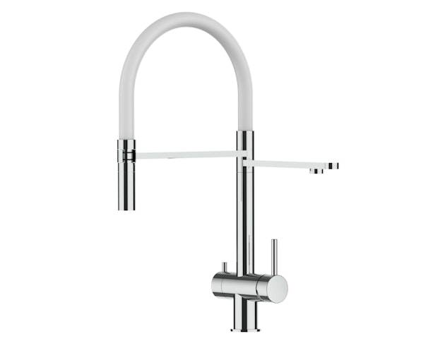 NIEDERDRUCK 3 Wege Wasserhahn Küchenarmatur, Edelstahl Massiv mit 360° schwenkbarem Auslauf, abnehmbare 2 strahl Handbrause, Hochglanz / Weiß