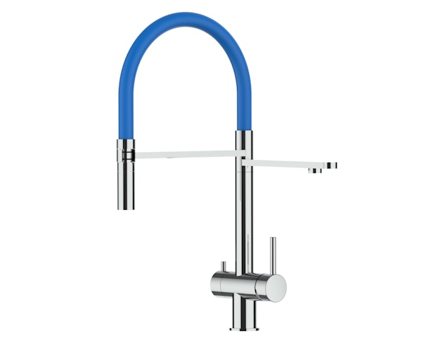 NIEDERDRUCK 3 Wege Wasserhahn Küchenarmatur, Edelstahl Massiv mit 360° schwenkbarem Auslauf, abnehmbare 2 strahl Handbrause, Hochglanz / Blau
