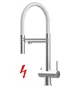 NIEDERDRUCK 3 Wege Wasserhahn Küchenarmatur, Edelstahl Massiv mit 360° schwenkbarem Auslauf, abnehmbare 2 strahl Handbrause, Gebürstet / Weiß