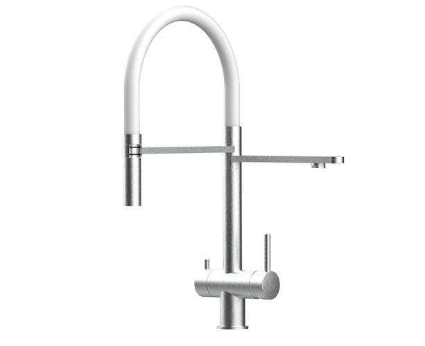 NIEDERDRUCK 3 Wege Wasserhahn Küchenarmatur, Edelstahl Massiv mit 360° schwenkbarem Auslauf, abnehmbare 2 strahl Handbrause, Gebürstet / Weiß