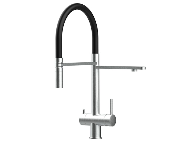NIEDERDRUCK 3 Wege Wasserhahn Küchenarmatur, Edelstahl Massiv mit 360° schwenkbarem Auslauf, abnehmbare 2 strahl Handbrause, Gebürstet / Schwarz