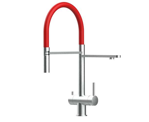 NIEDERDRUCK 3 Wege Wasserhahn Küchenarmatur, Edelstahl Massiv mit 360° schwenkbarem Auslauf, abnehmbare 2 strahl Handbrause, Gebürstet / Rot