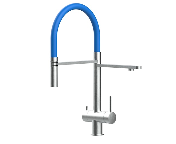 NIEDERDRUCK 3 Wege Wasserhahn Küchenarmatur, Edelstahl Massiv mit 360° schwenkbarem Auslauf, abnehmbare 2 strahl Handbrause, Gebürstet / Blau